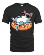 Funny Cool Cat Pizza Lover Graphic Tee Cute Chill Tshirt - black t-shirt on white background