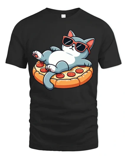 Funny Cool Cat Pizza Lover Graphic Tee Cute Chill Tshirt - black t-shirt on white background
