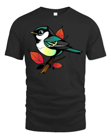 Colorful Songbird Branch Art Graphic Tee Cute Nature Tshirt - black t-shirt on white background