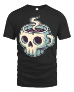 Skull Coffee Mug Graphic T Shirt Dark Humor Caffeine Tee - black t-shirt on white background