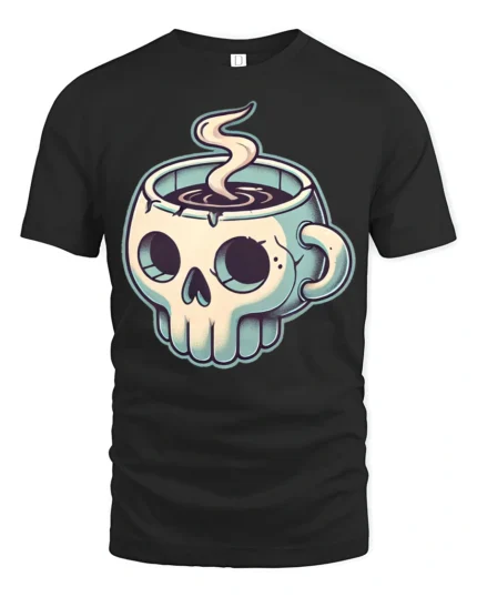 Skull Coffee Mug Graphic T Shirt Dark Humor Caffeine Tee - black t-shirt on white background