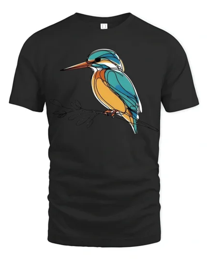 Elegant Kingfisher Bird Line Art Graphic Tee Nature Tshirt - black t-shirt on white background