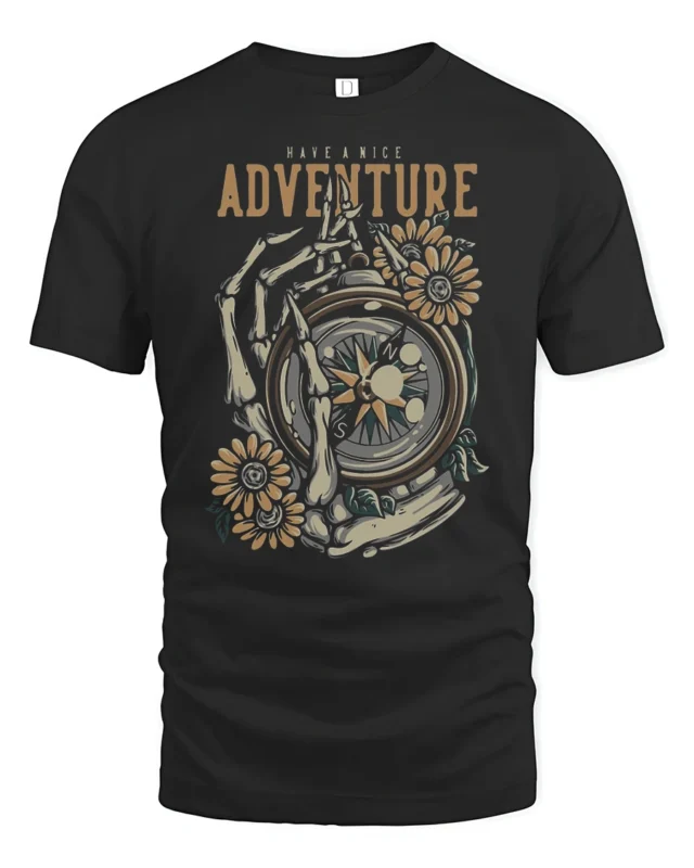 Have A Nice Adventure Skeleton Compass Graphic Tee Vintage Tshirt - black t-shirt on white background
