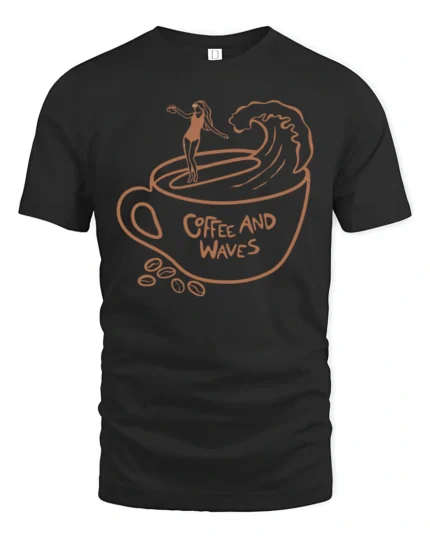 Coffee And Waves Surf Vibe Graphic Tee Beach Lover Tshirt - black t-shirt on white background