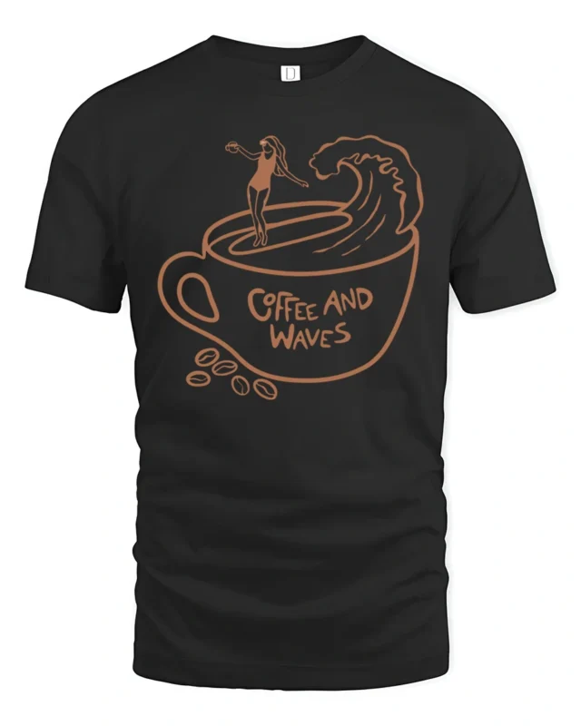 Coffee And Waves Surf Vibe Graphic Tee Beach Lover Tshirt - black t-shirt on white background