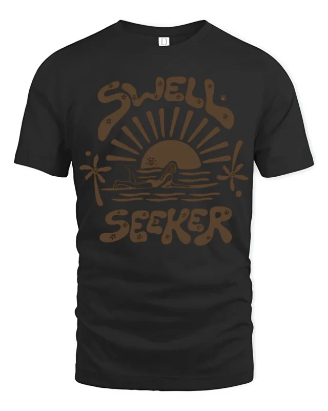 Swell Seeker Retro Surf Sunset Graphic Tee Beach Vibe Tshirt - black t-shirt on white background