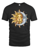 Sun Moon Celestial Face Graphic T Shirt Cosmic Balance Tee - black t-shirt on white background