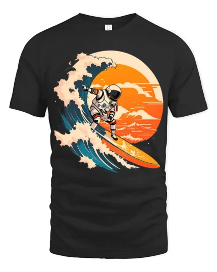 Astronaut Surfing Wave Graphic T Shirt Cosmic Ocean Tee - black t-shirt on white background