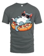 Funny Cool Cat Pizza Lover Graphic Tee Cute Chill Tshirt - gray t-shirt on white background
