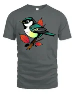 Colorful Songbird Branch Art Graphic Tee Cute Nature Tshirt - gray t-shirt on white background