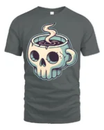 Skull Coffee Mug Graphic T Shirt Dark Humor Caffeine Tee - gray t-shirt on white background