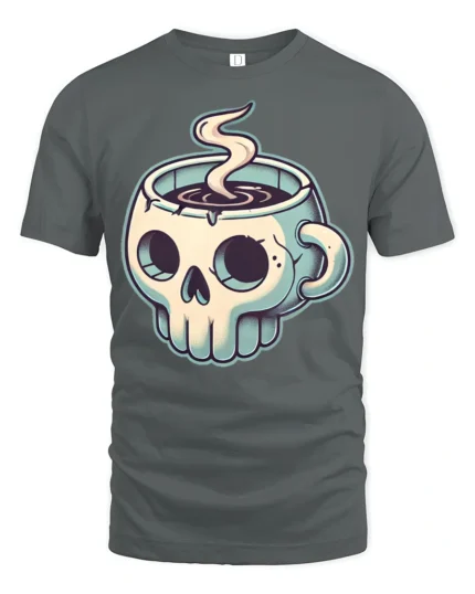Skull Coffee Mug Graphic T Shirt Dark Humor Caffeine Tee - gray t-shirt on white background