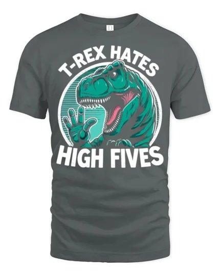 T Rex Hates High Fives Funny Dinosaur Graphic T Shirt Tee - gray t-shirt on white background