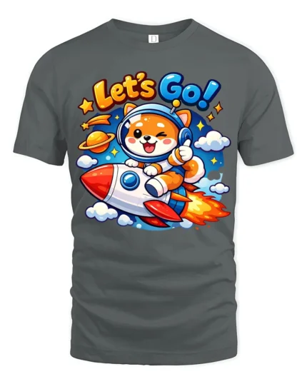 Lets Go Cute Astronaut Dog Rocket Graphic T Shirt Space Tee - gray t-shirt on white background