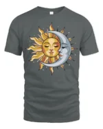 Sun Moon Celestial Face Graphic T Shirt Cosmic Balance Tee - gray t-shirt on white background