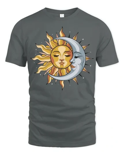 Sun Moon Celestial Face Graphic T Shirt Cosmic Balance Tee - gray t-shirt on white background