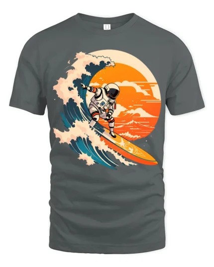 Astronaut Surfing Wave Graphic T Shirt Cosmic Ocean Tee - gray t-shirt on white background