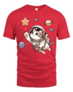 Cute Cat Astronaut Space Graphic T Shirt Cosmic Kitty Tee - red t-shirt on white background