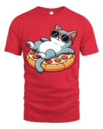 Funny Cool Cat Pizza Lover Graphic Tee Cute Chill Tshirt - red t-shirt on white background