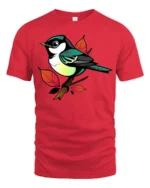 Colorful Songbird Branch Art Graphic Tee Cute Nature Tshirt - red t-shirt on white background