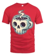 Skull Coffee Mug Graphic T Shirt Dark Humor Caffeine Tee - red t-shirt on white background
