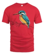 Elegant Kingfisher Bird Line Art Graphic Tee Nature Tshirt - red t-shirt on white background