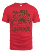 Swell Seeker Retro Surf Sunset Graphic Tee Beach Vibe Tshirt - red t-shirt on white background