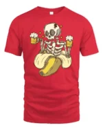 Funny Skeleton Banana Beer Lover Graphic T Shirt Party Tee - red t-shirt on white background