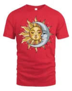 Sun Moon Celestial Face Graphic T Shirt Cosmic Balance Tee - red t-shirt on white background