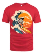 Astronaut Surfing Wave Graphic T Shirt Cosmic Ocean Tee - red t-shirt on white background