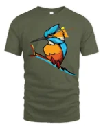 Colorful Kingfisher Bird Graphic T Shirt Vibrant Nature Tee - military green t-shirt on white background