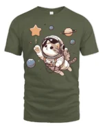 Cute Cat Astronaut Space Graphic T Shirt Cosmic Kitty Tee - military green t-shirt on white background