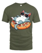 Funny Cool Cat Pizza Lover Graphic Tee Cute Chill Tshirt - military green t-shirt on white background