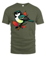 Colorful Songbird Branch Art Graphic Tee Cute Nature Tshirt - military green t-shirt on white background