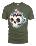 Skull Coffee Mug Graphic T Shirt Dark Humor Caffeine Tee - military green t-shirt on white background