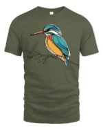 Elegant Kingfisher Bird Line Art Graphic Tee Nature Tshirt - military green t-shirt on white background