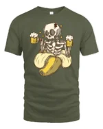 Funny Skeleton Banana Beer Lover Graphic T Shirt Party Tee - military green t-shirt on white background