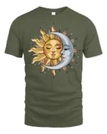 Sun Moon Celestial Face Graphic T Shirt Cosmic Balance Tee - military green t-shirt on white background