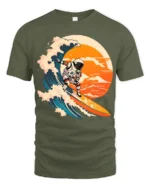 Astronaut Surfing Wave Graphic T Shirt Cosmic Ocean Tee - military green t-shirt on white background