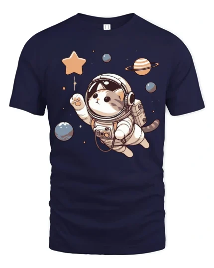 Cute Cat Astronaut Space Graphic T Shirt Cosmic Kitty Tee - navy t-shirt on white background