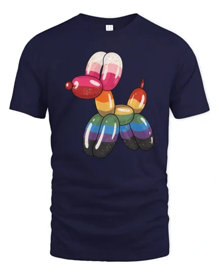Rainbow Balloon Dog Graphic T Shirt Colorful Cute Art Tee - navy t-shirt on white background