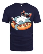 Funny Cool Cat Pizza Lover Graphic Tee Cute Chill Tshirt - navy t-shirt on white background