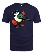 Colorful Songbird Branch Art Graphic Tee Cute Nature Tshirt - navy t-shirt on white background