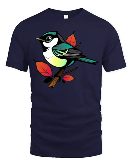 Colorful Songbird Branch Art Graphic Tee Cute Nature Tshirt - navy t-shirt on white background