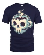 Skull Coffee Mug Graphic T Shirt Dark Humor Caffeine Tee - navy t-shirt on white background