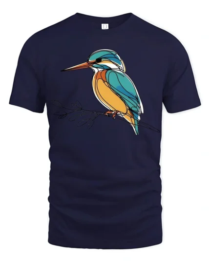 Elegant Kingfisher Bird Line Art Graphic Tee Nature Tshirt - navy t-shirt on white background