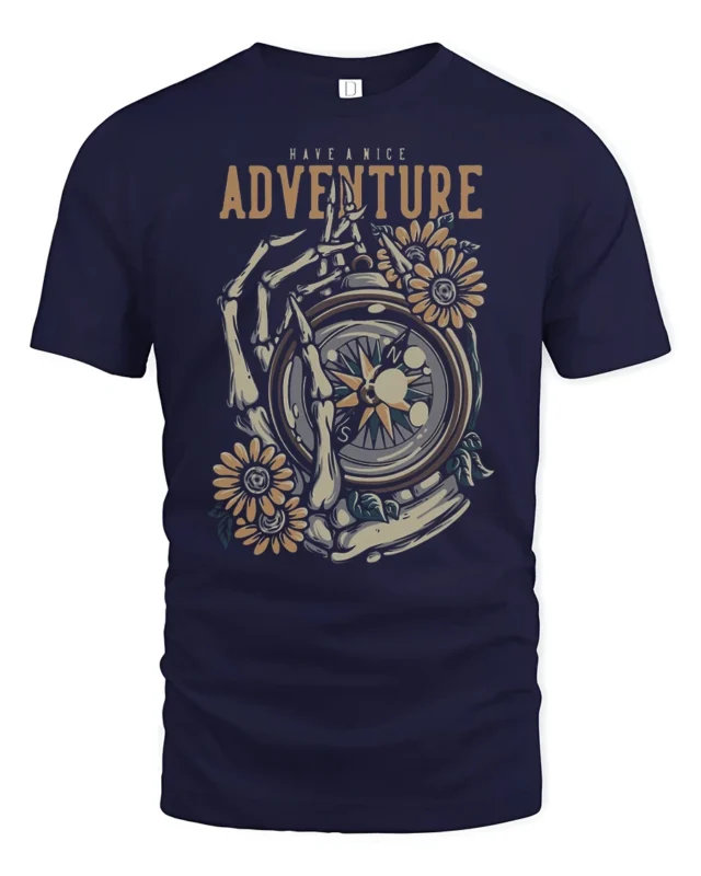 Have A Nice Adventure Skeleton Compass Graphic Tee Vintage Tshirt - navy t-shirt on white background
