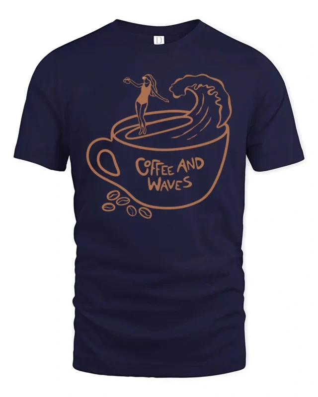 Coffee And Waves Surf Vibe Graphic Tee Beach Lover Tshirt - navy t-shirt on white background