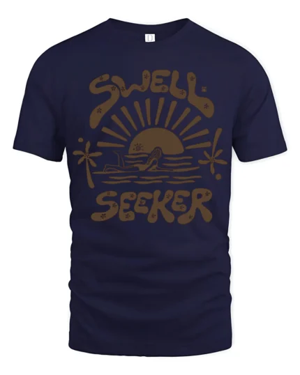 Swell Seeker Retro Surf Sunset Graphic Tee Beach Vibe Tshirt - navy t-shirt on white background