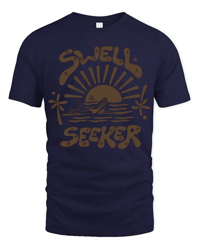 Swell Seeker Retro Surf Sunset Graphic Tee Beach Vibe Tshirt - navy t-shirt on white background
